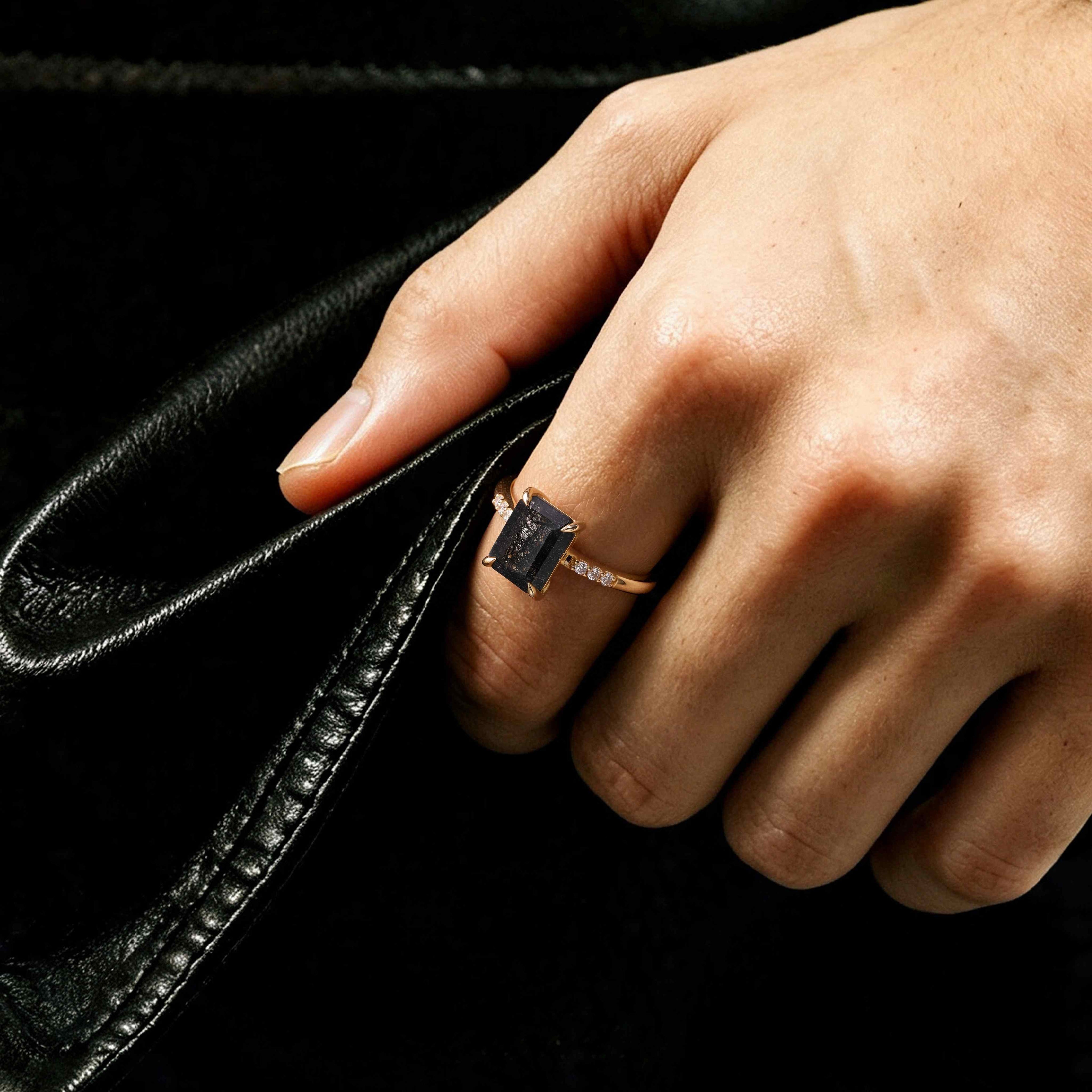 Emerald Cut Black Rutilated Quartz Minimalist Ring