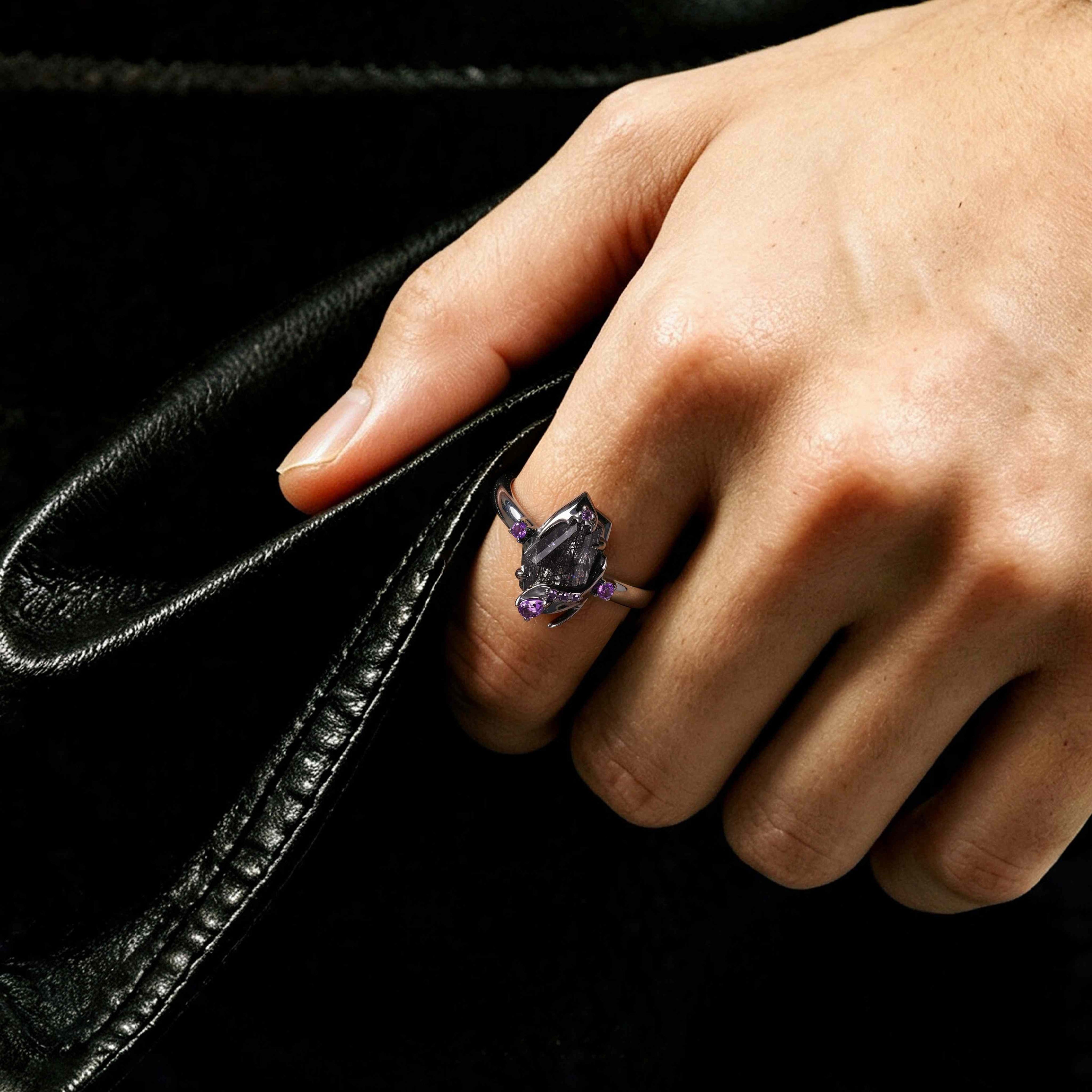 Coffin Cut Black Rutilated Quartz & Amethyst Enchanted Forest Gothic Ring