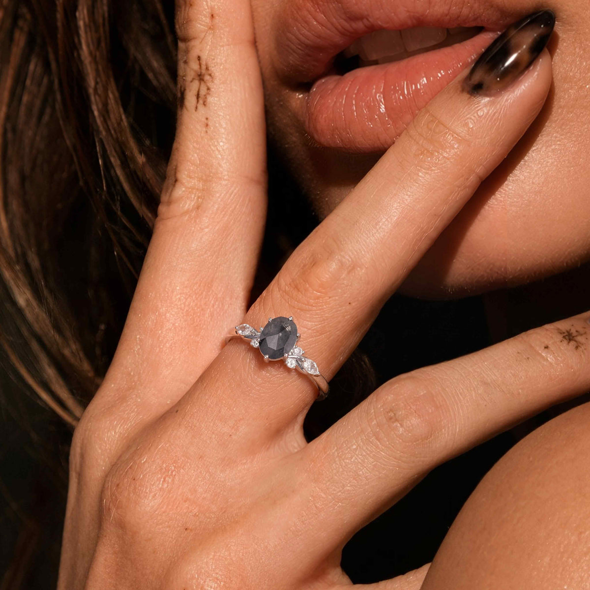 Oval Cut Salt & Pepper Diamond Ring With Lab Diamond Accents