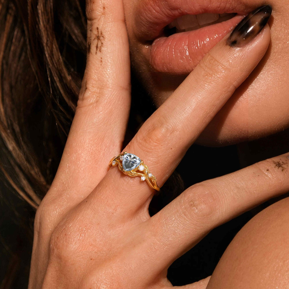 Trillion Cut Gray Moissanite Nature Inspired Ring
