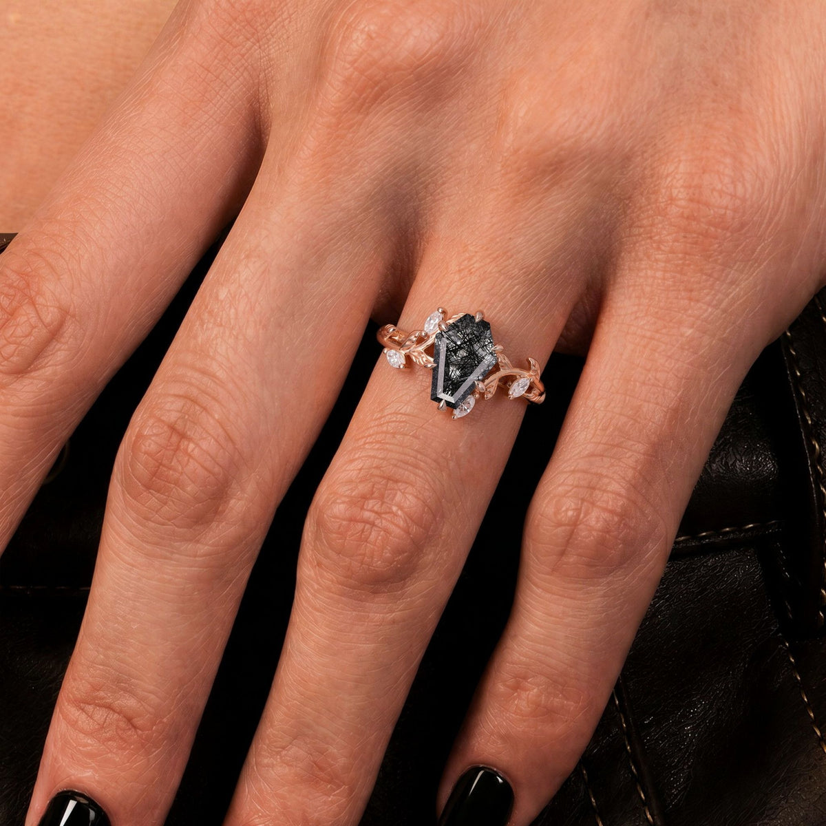 Coffin Cut Black Rutilated Quartz Vine Branch Ring