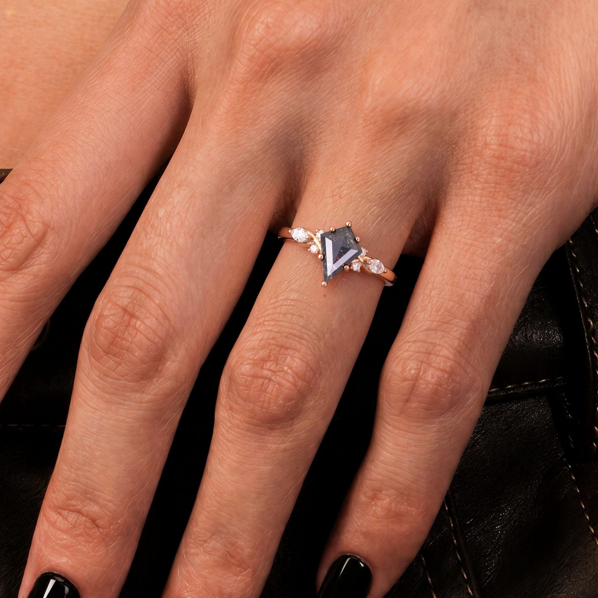 Art Deco Kite Cut Salt & Pepper Diamond Ring