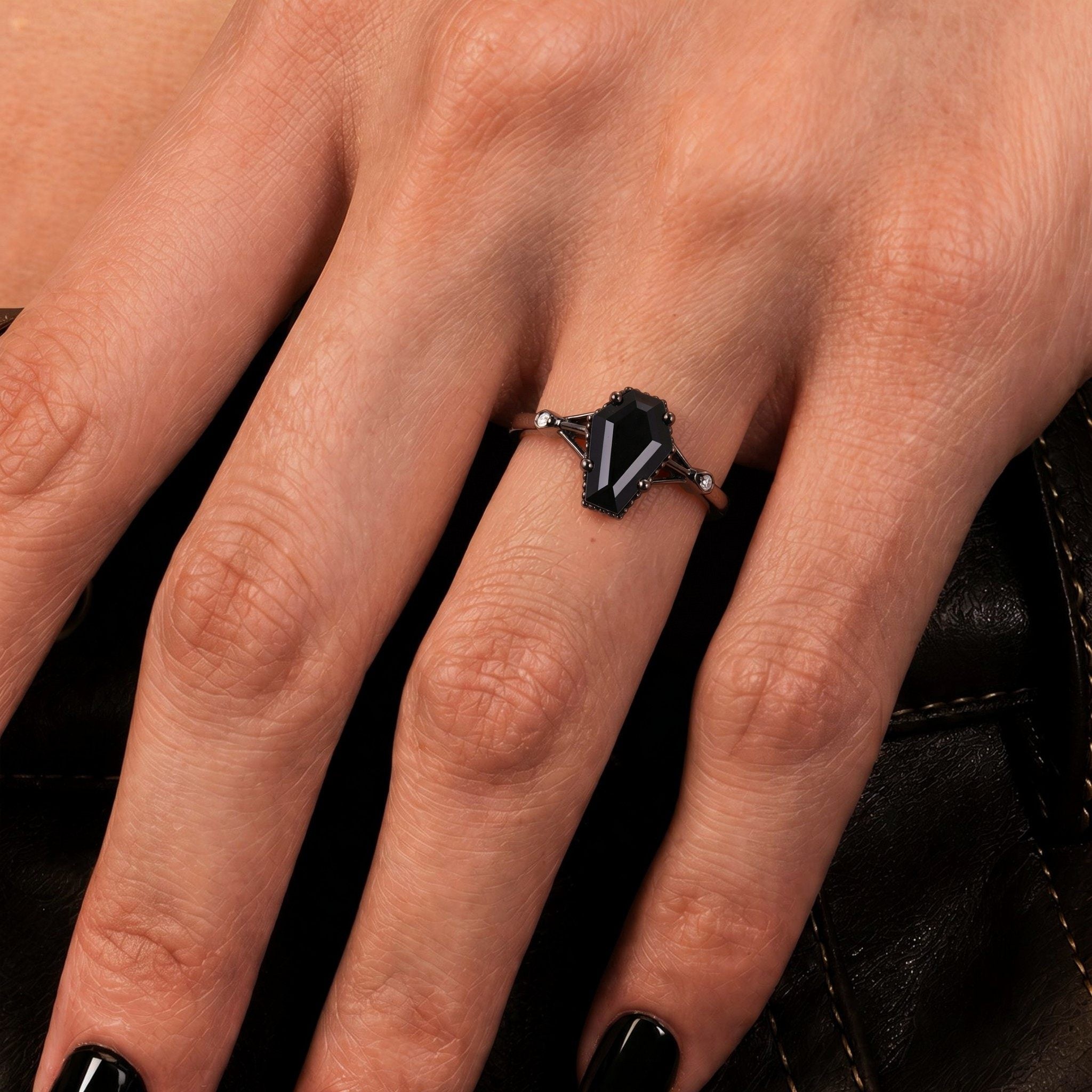 Coffin Cut Black Diamond Split Shank Milgrain Vintage Gothic Ring