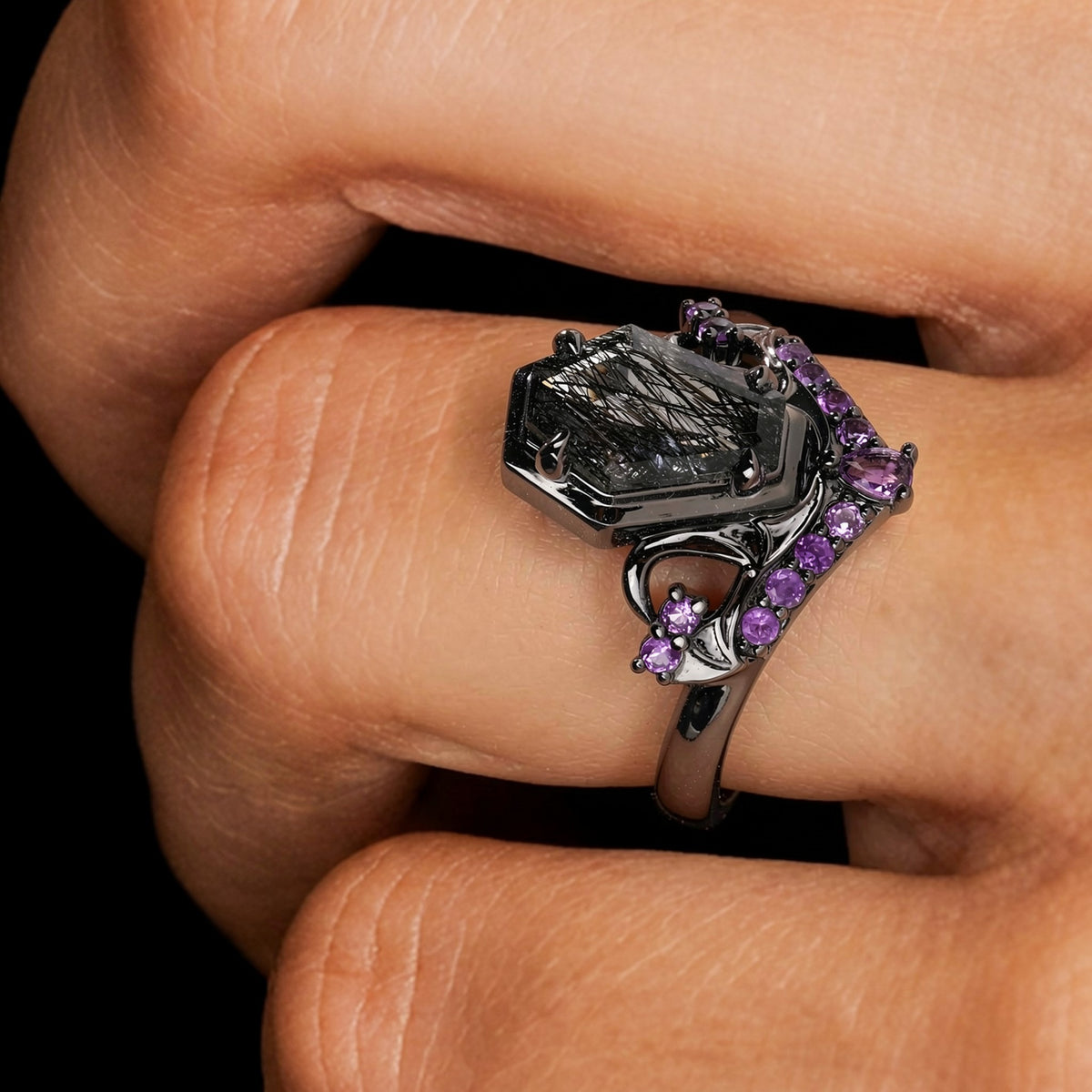 Coffin Cut Black Rutilated Quartz & Amethyst Tombstone Gothic Ring