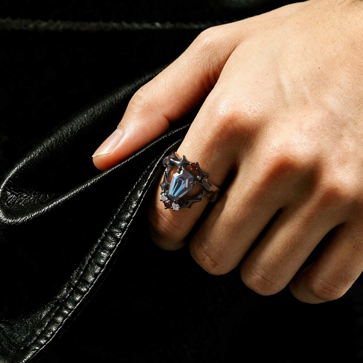 Coffin Cut Lab Alexandrite Demon Wing Gothic Ring