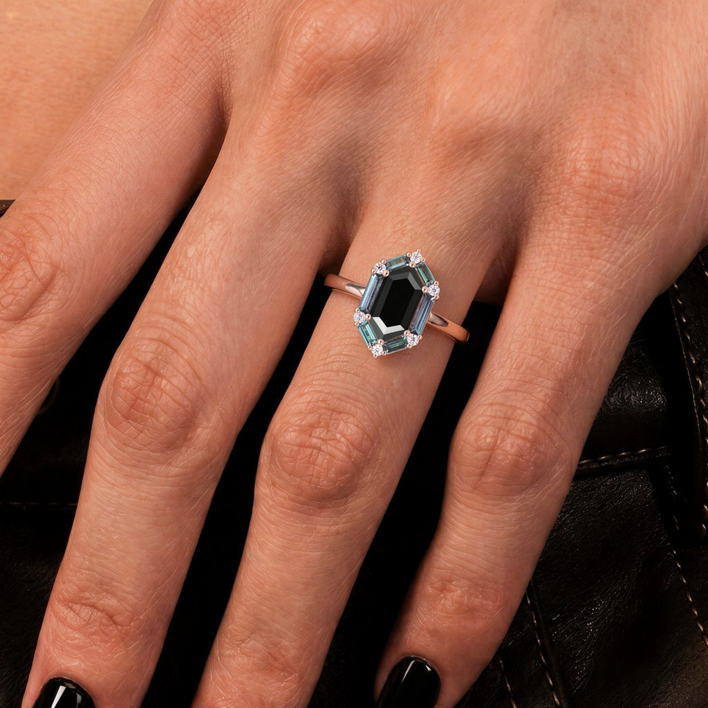 Long Hexagon Cut Black Moissanite Ring With Lab Alexandrite Halo