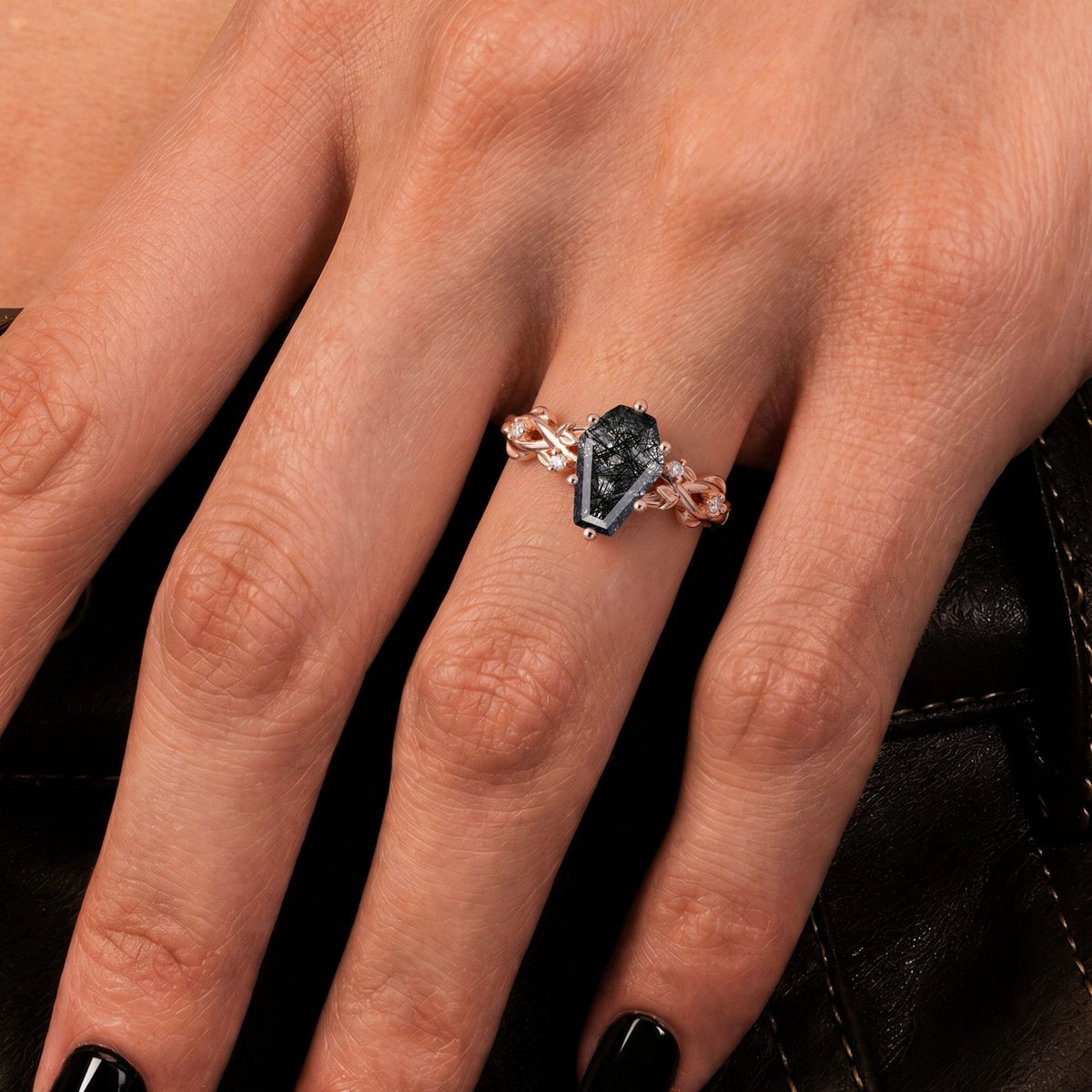 Coffin Cut Black Rutilated Quartz Crossover Shank Vine Ring