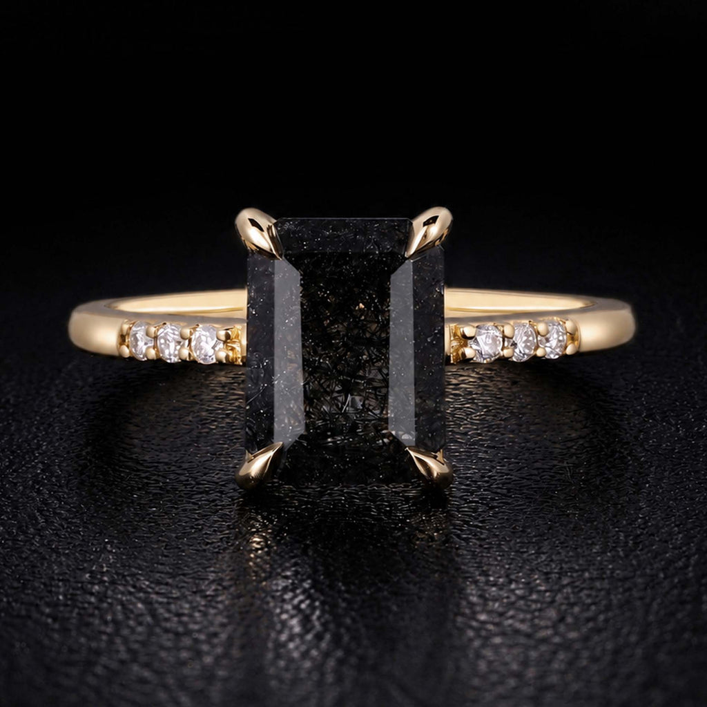Emerald Cut Black Rutilated Quartz Minimalist Ring