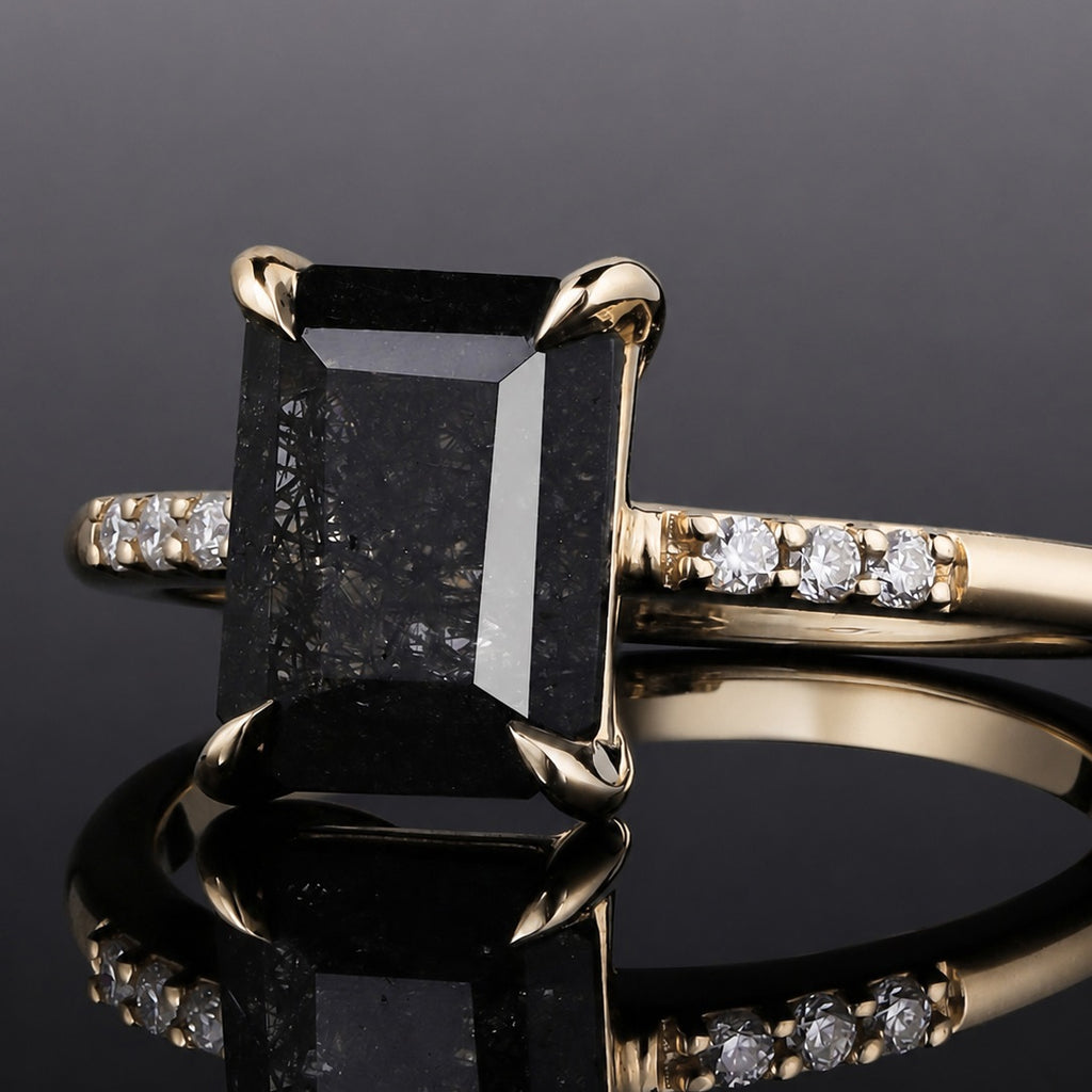 Emerald Cut Black Rutilated Quartz Minimalist Ring