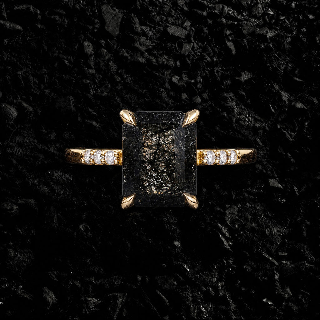 Emerald Cut Black Rutilated Quartz Minimalist Ring