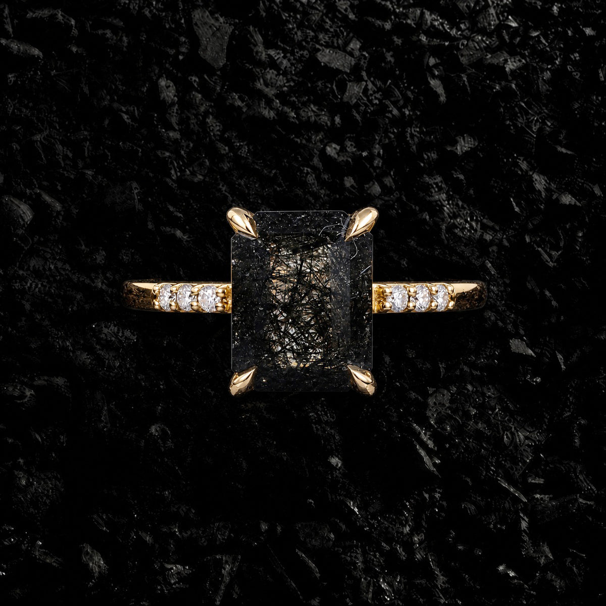 Emerald Cut Black Rutilated Quartz Minimalist Ring