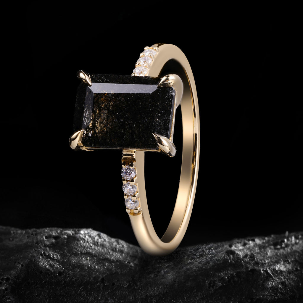 Emerald Cut Black Rutilated Quartz Minimalist Ring