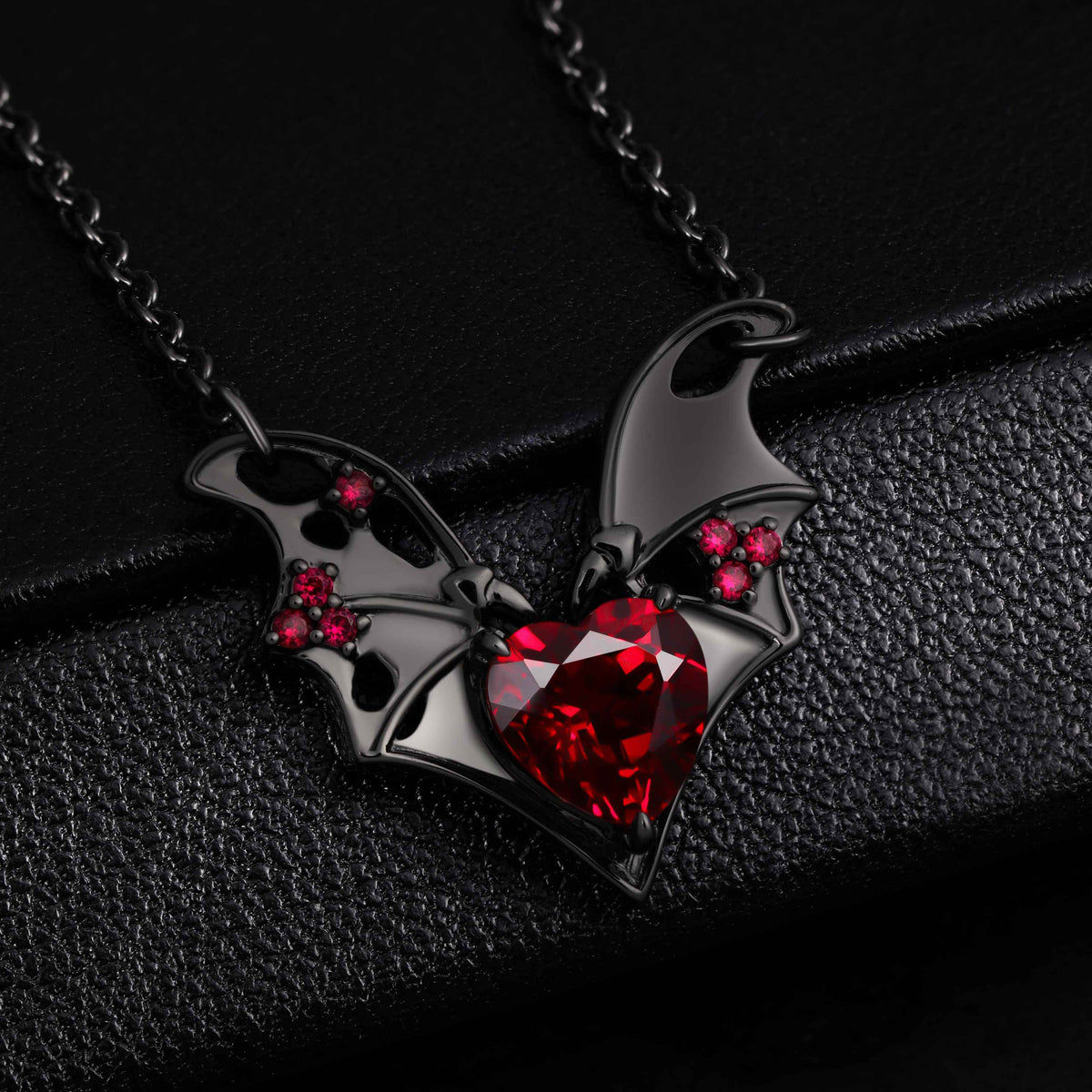 Heart Cut Lab Ruby Fallen Wings Gothic Necklace