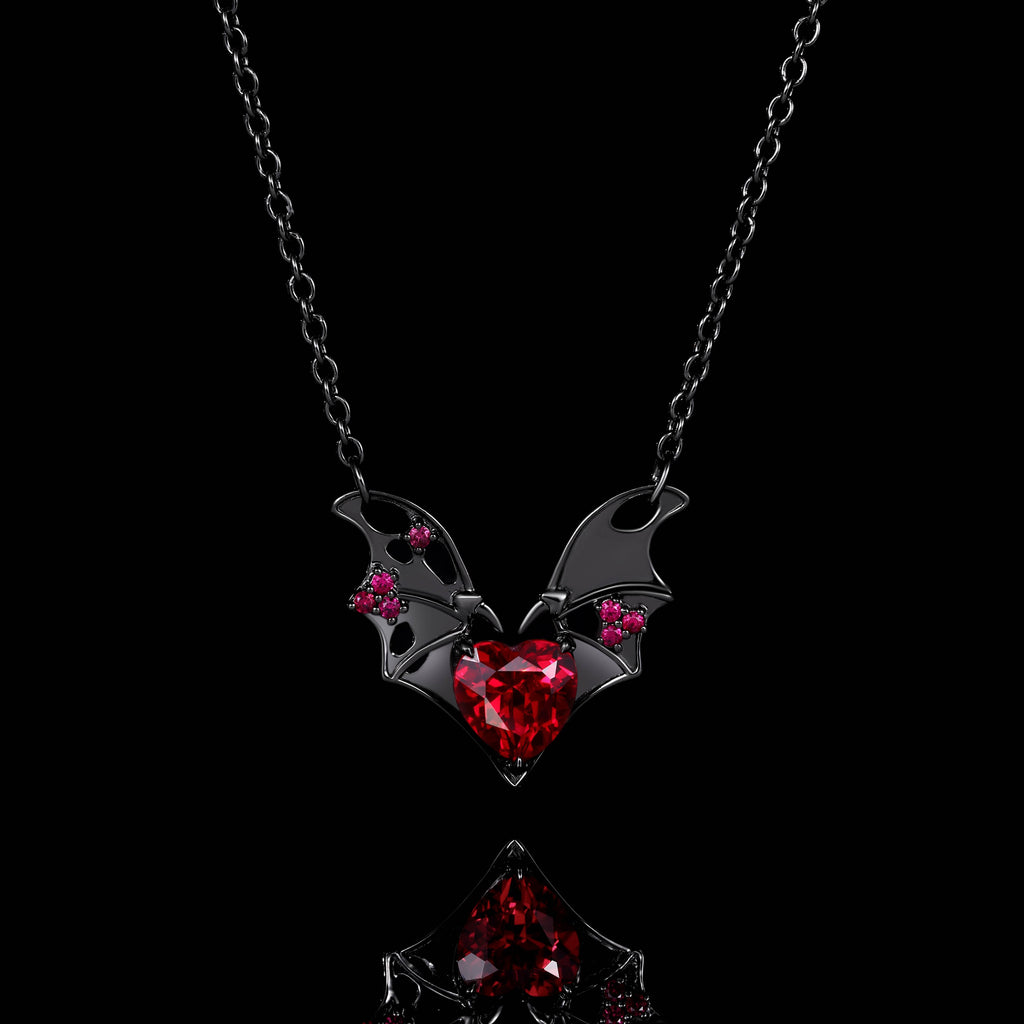 Heart Cut Lab Ruby Fallen Wings Gothic Necklace
