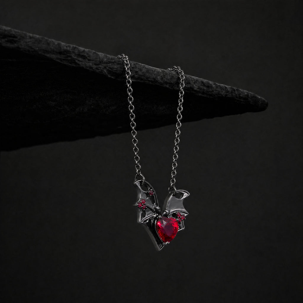 Heart Cut Lab Ruby Fallen Wings Gothic Necklace