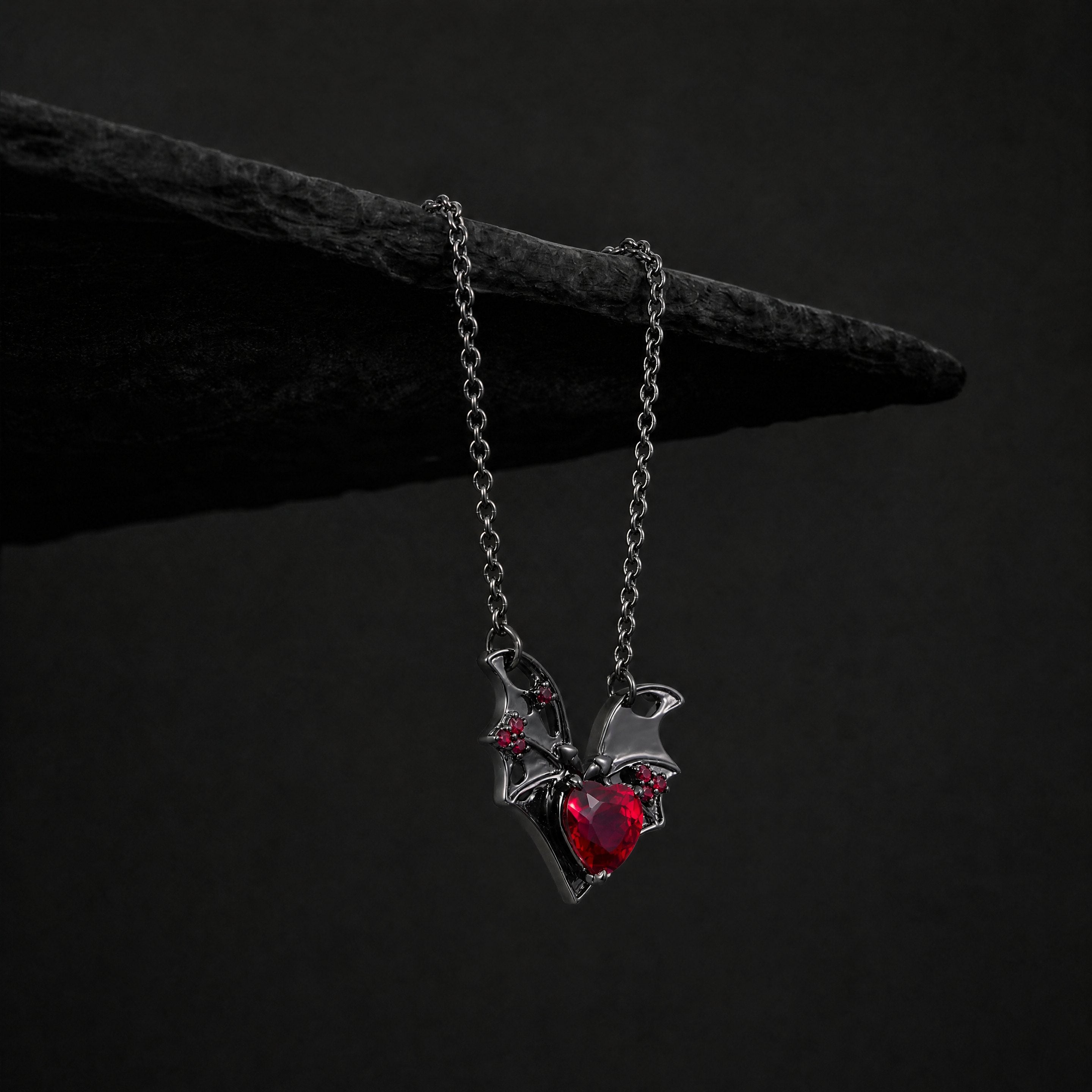Heart Cut Lab Ruby Fallen Wings Gothic Necklace