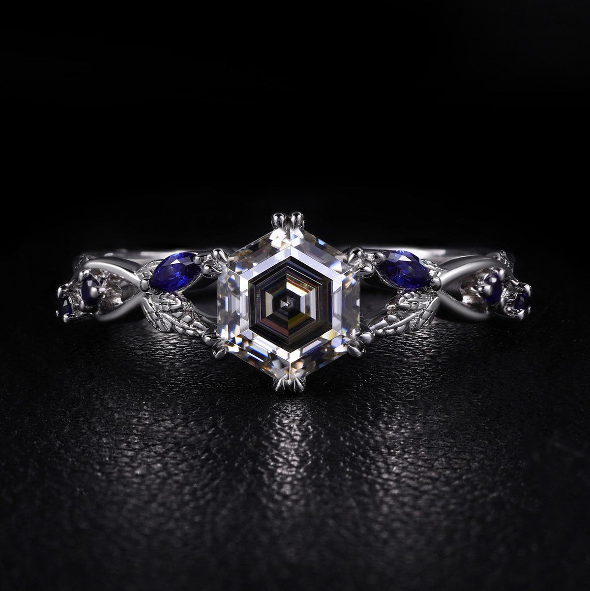 Hexagon Cut Gray Moissanite IvyFlow Split Claw Ring