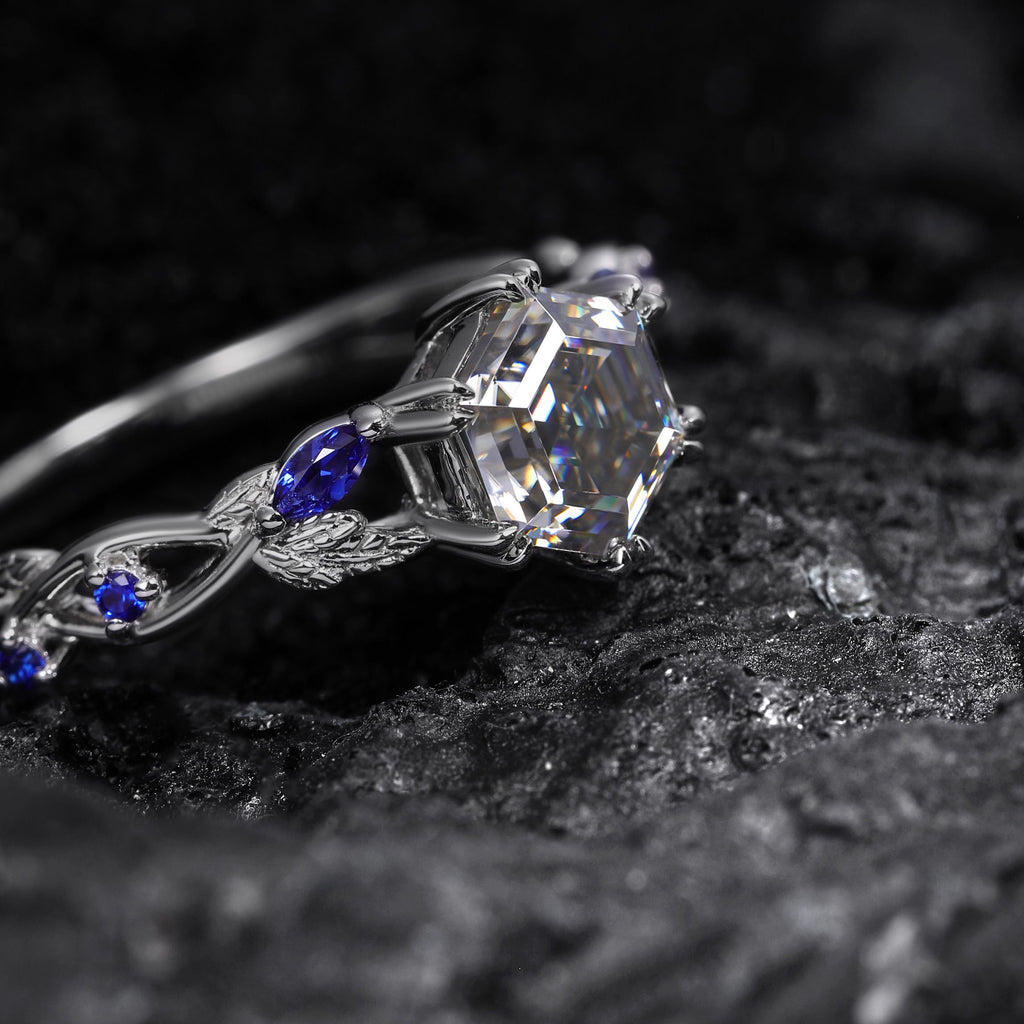 Hexagon Cut Gray Moissanite IvyFlow Split Claw Ring