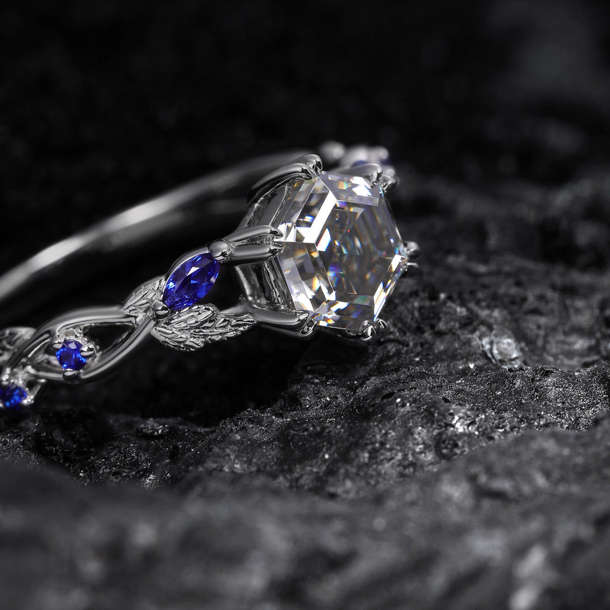Hexagon Cut Gray Moissanite IvyFlow Split Claw Ring
