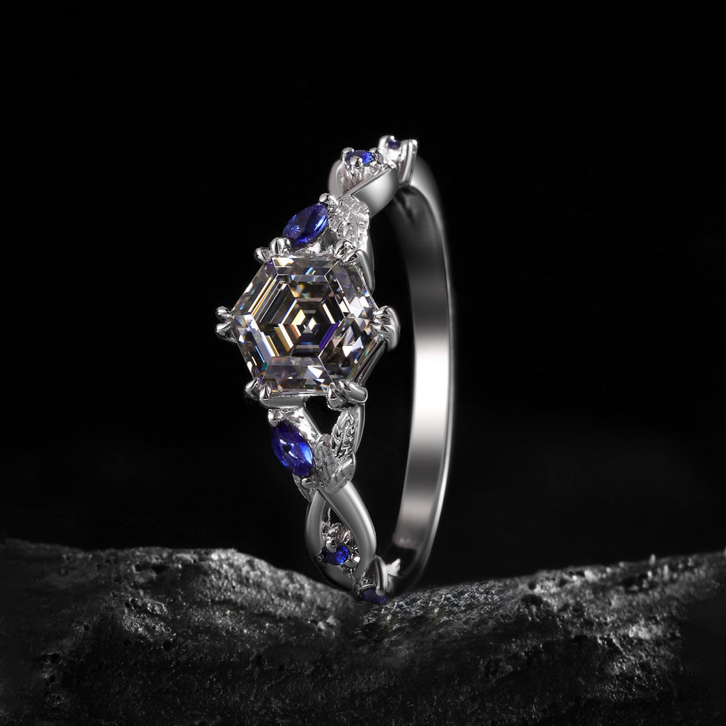 Hexagon Cut Gray Moissanite IvyFlow Split Claw Ring