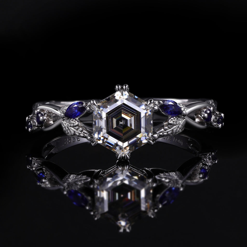 Hexagon Cut Gray Moissanite IvyFlow Split Claw Ring