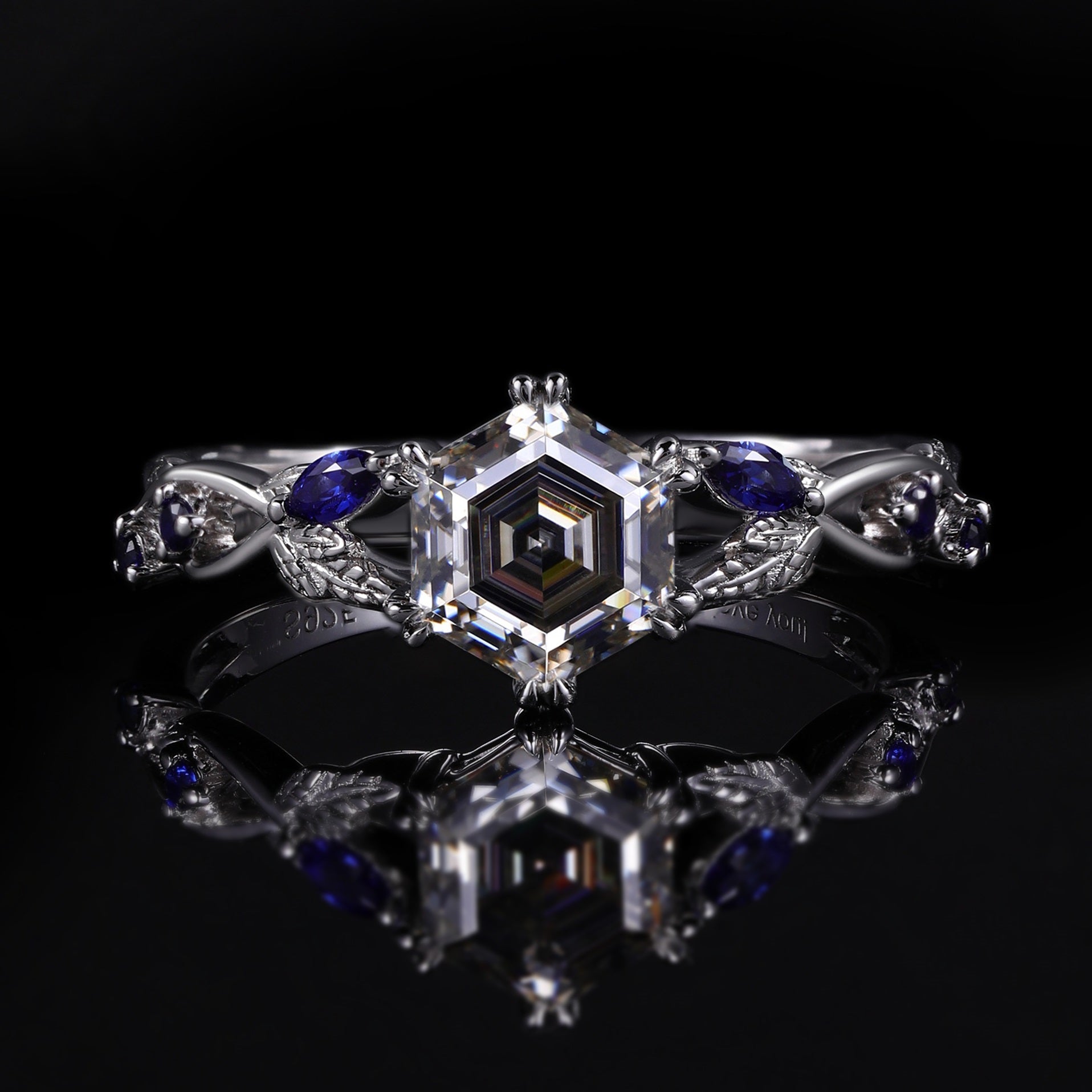 Hexagon Cut Gray Moissanite IvyFlow Split Claw Ring