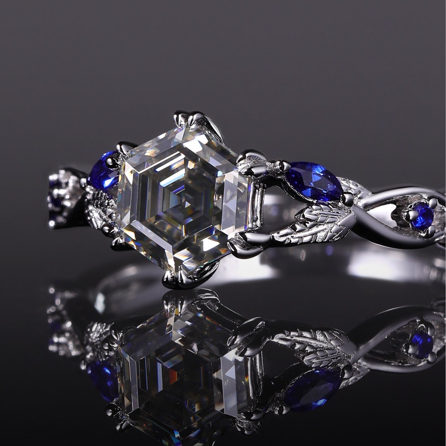 Hexagon Cut Gray Moissanite IvyFlow Split Claw Ring