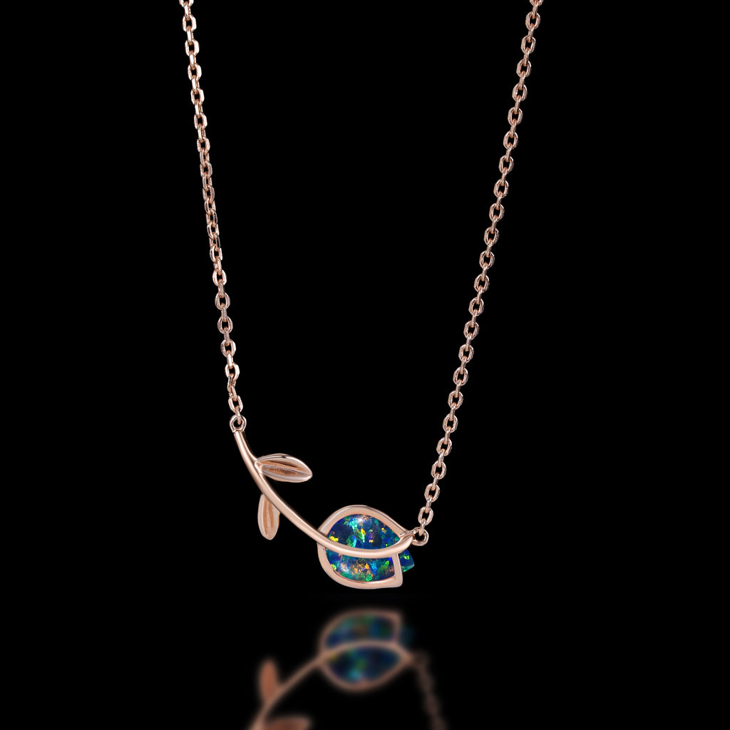 Pear Cut Black Opal Tulip Floral Necklace
