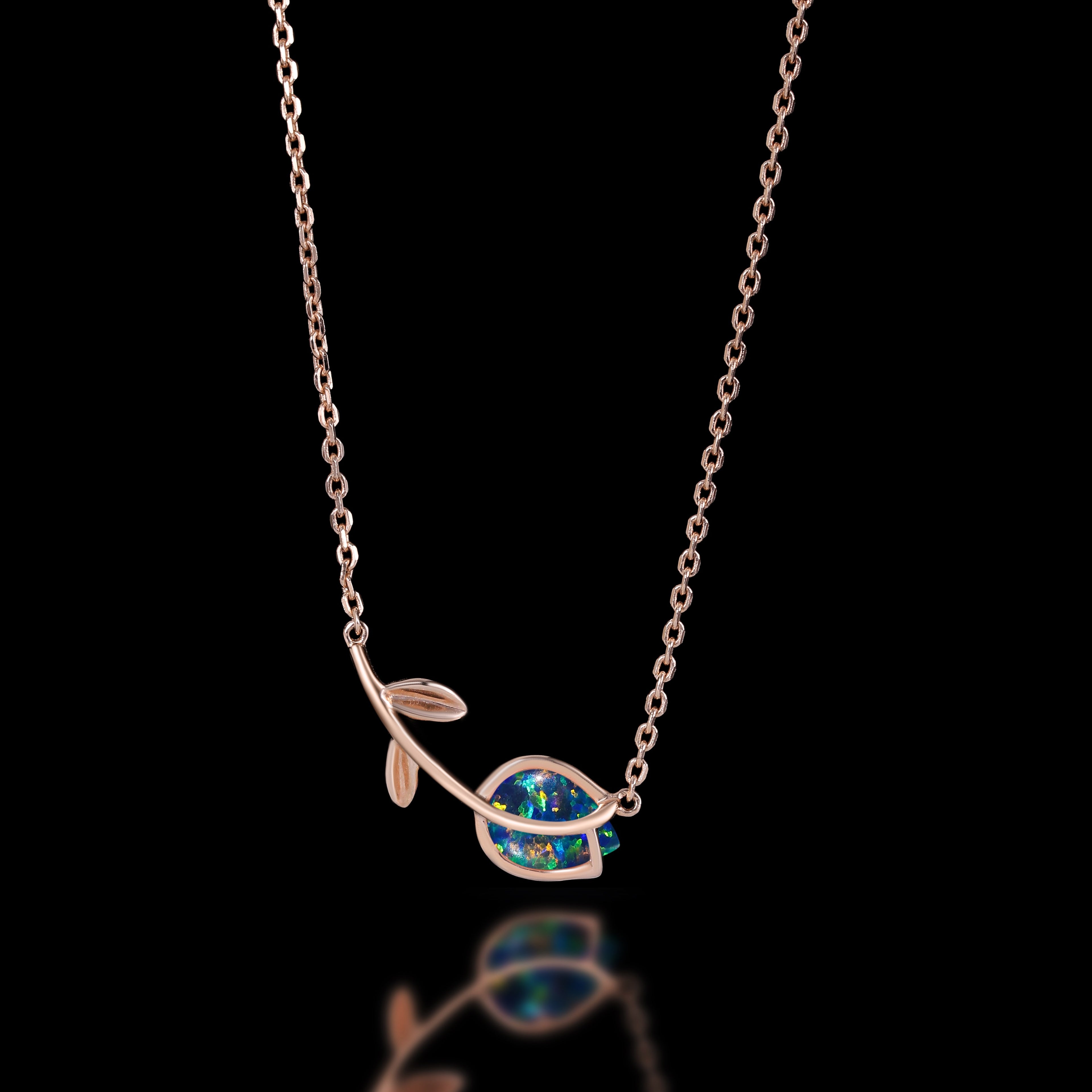 Pear Cut Black Opal Tulip Floral Necklace