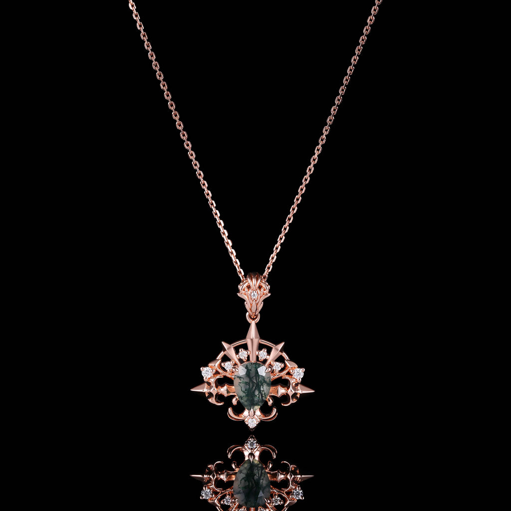 Pear Cut Moss Agate Radiant Arrow Gothic Pendant Necklace