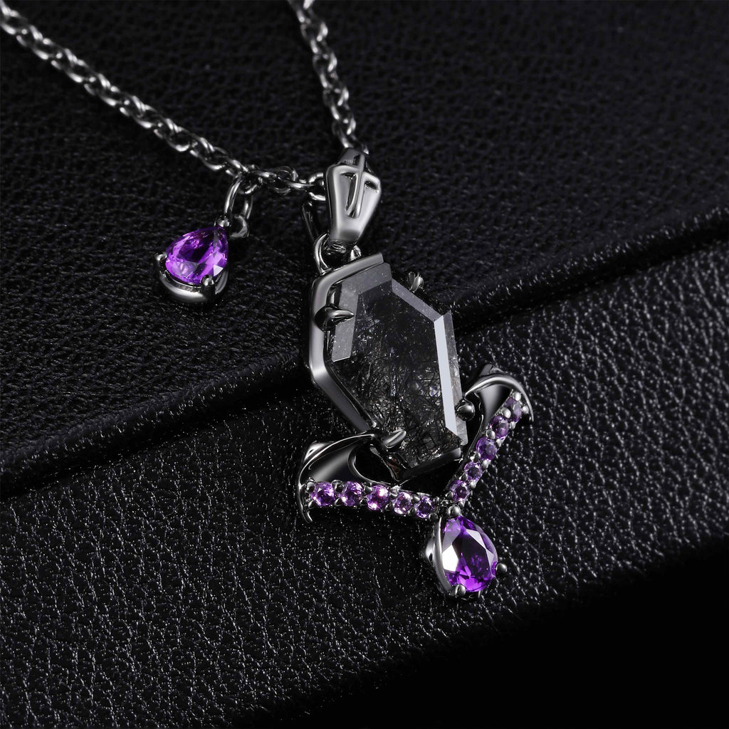 Coffin Cut Black Rutilated Quartz Sacred Cross Gothic Pendant Necklace