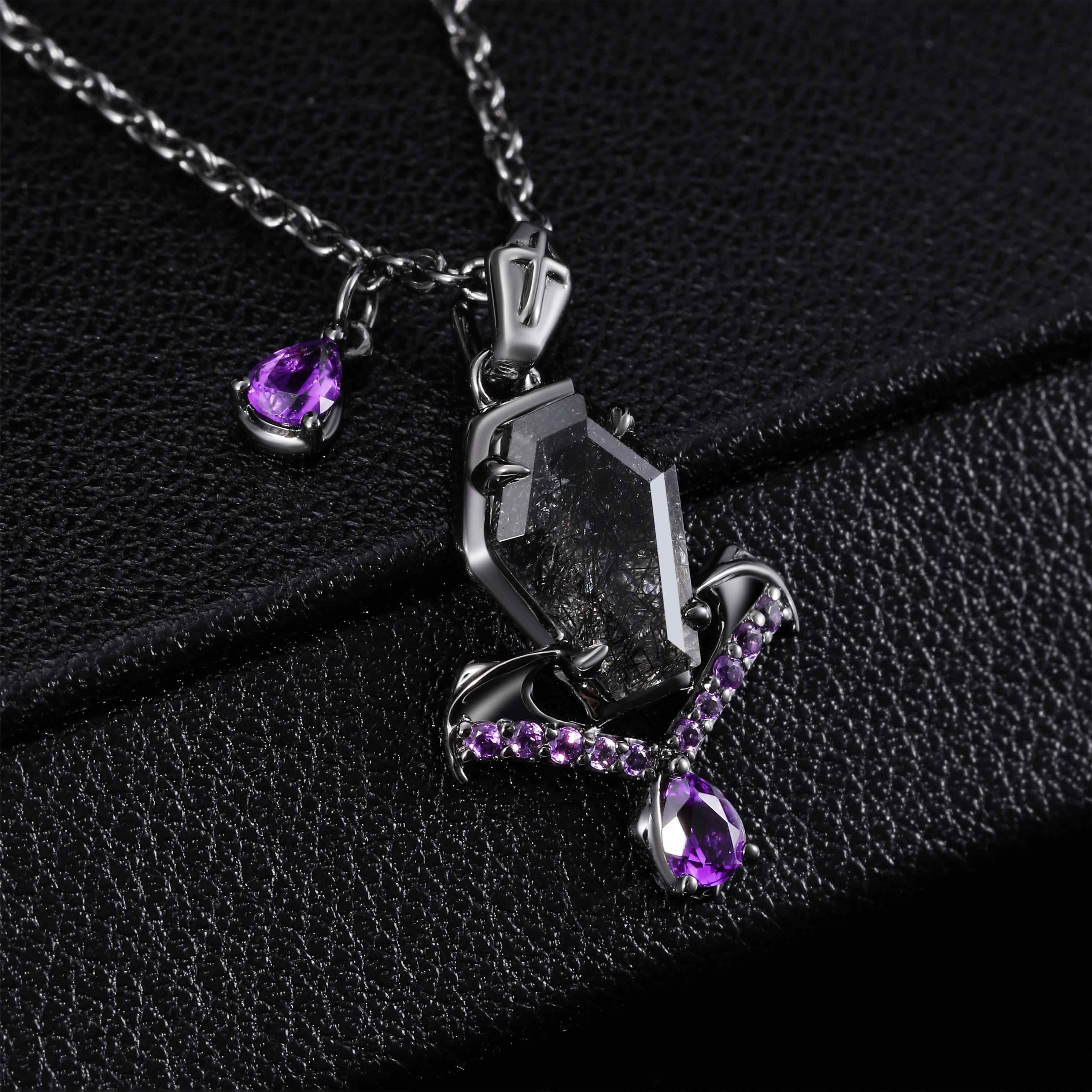 Coffin Cut Black Rutilated Quartz Sacred Cross Gothic Pendant Necklace