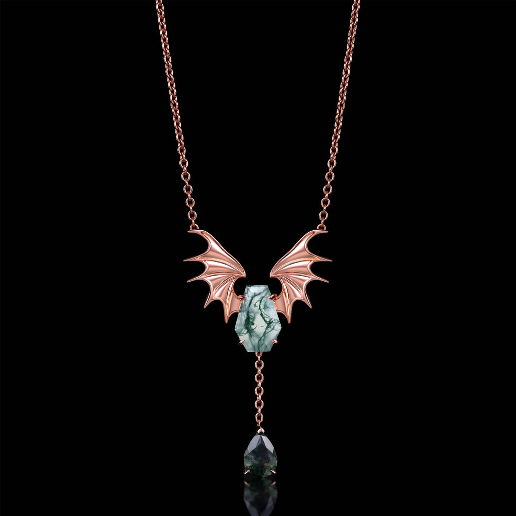 Coffin Cut Moss Agate Nightwing Gothic Y Necklace