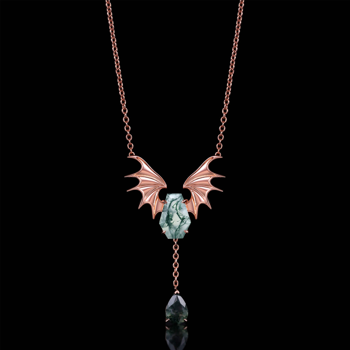 Coffin Cut Moss Agate Nightwing Gothic Y Necklace