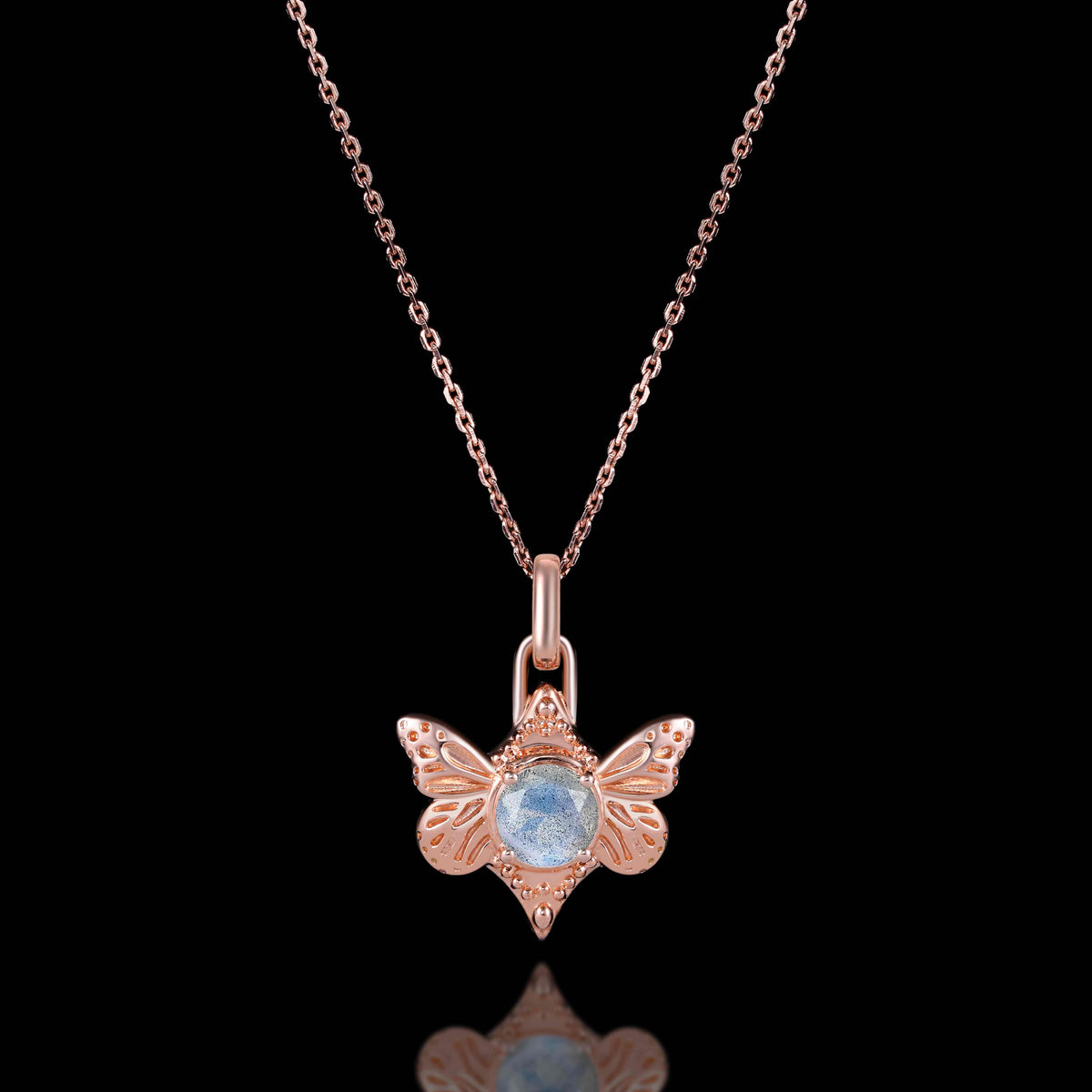 Round Cut Labradorite Vintage Butterfly Pendant Necklace