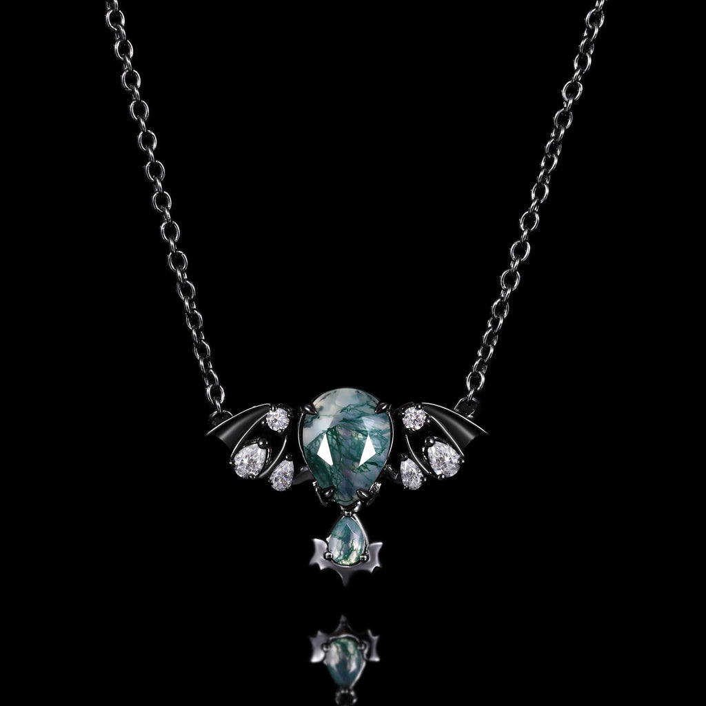 Pear Cut Moss Agate Nightwing Gothic Drop Necklace