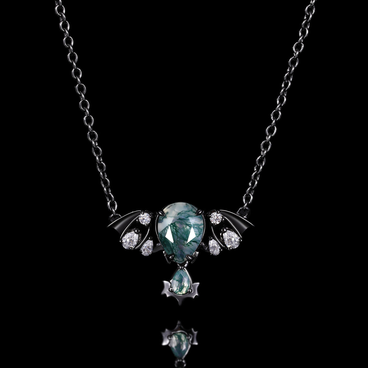 Pear Cut Moss Agate Nightwing Gothic Drop Necklace
