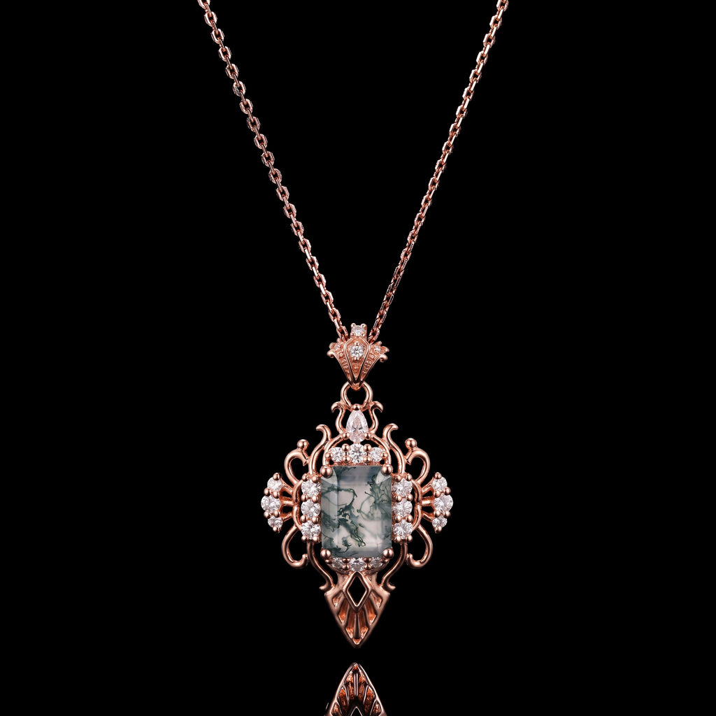 Emerald Cut Moss Agate Sacred Relic Gothic Pendant Necklace