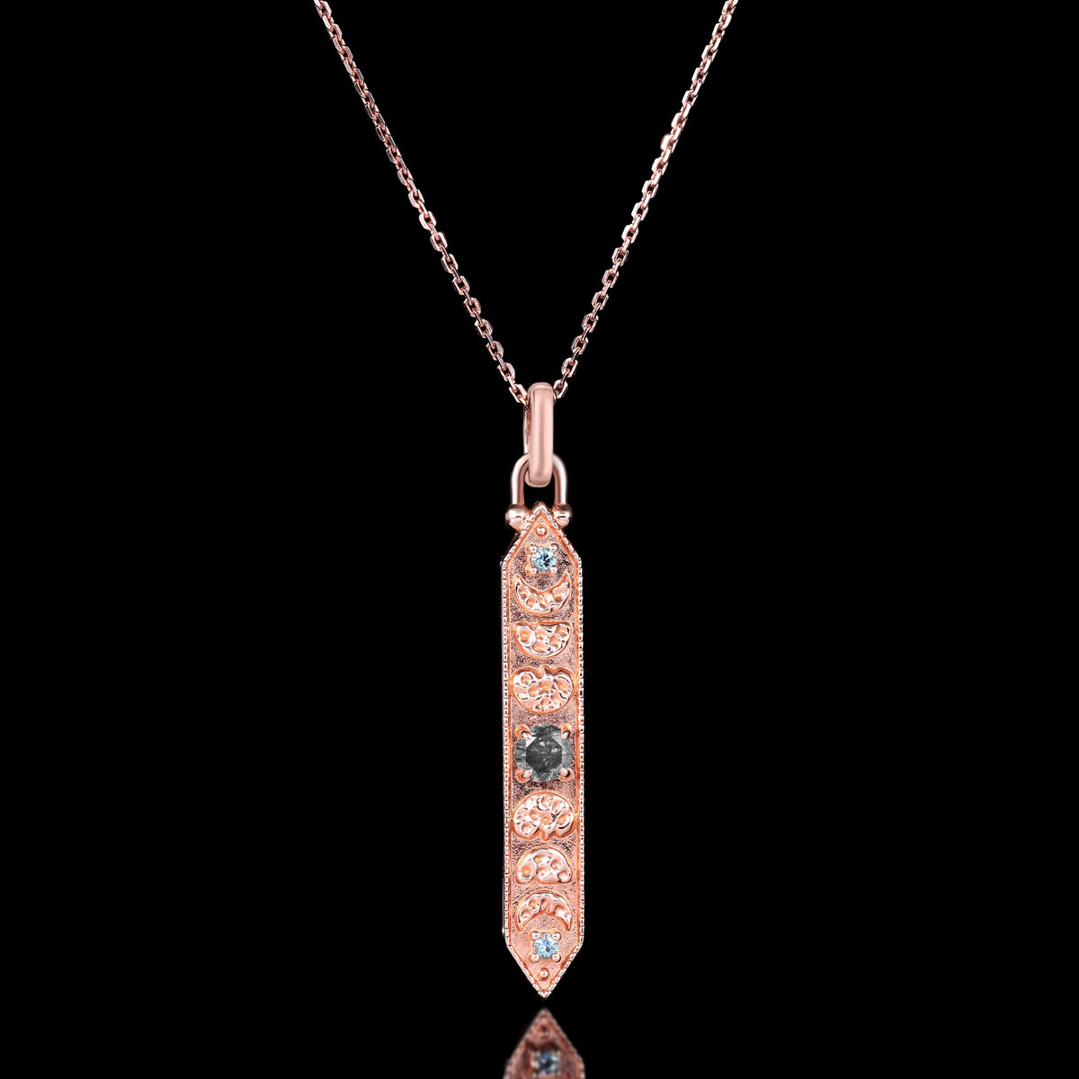 Round Cut Salt & Pepper Diamond Lunar Oracle Talisman Necklace