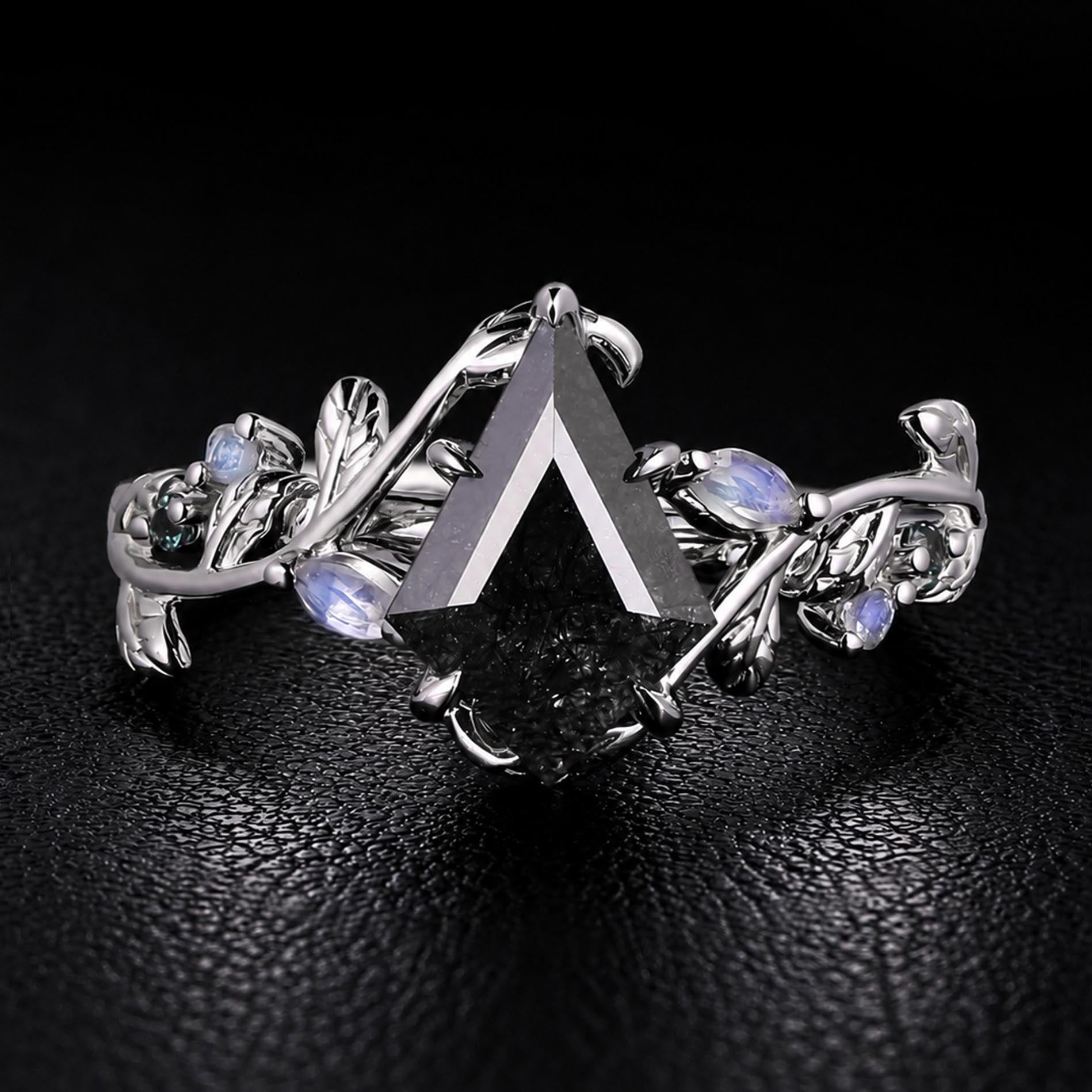 Kite Cut Black Rutilated Quartz Nature Inspired LeafLace Ring