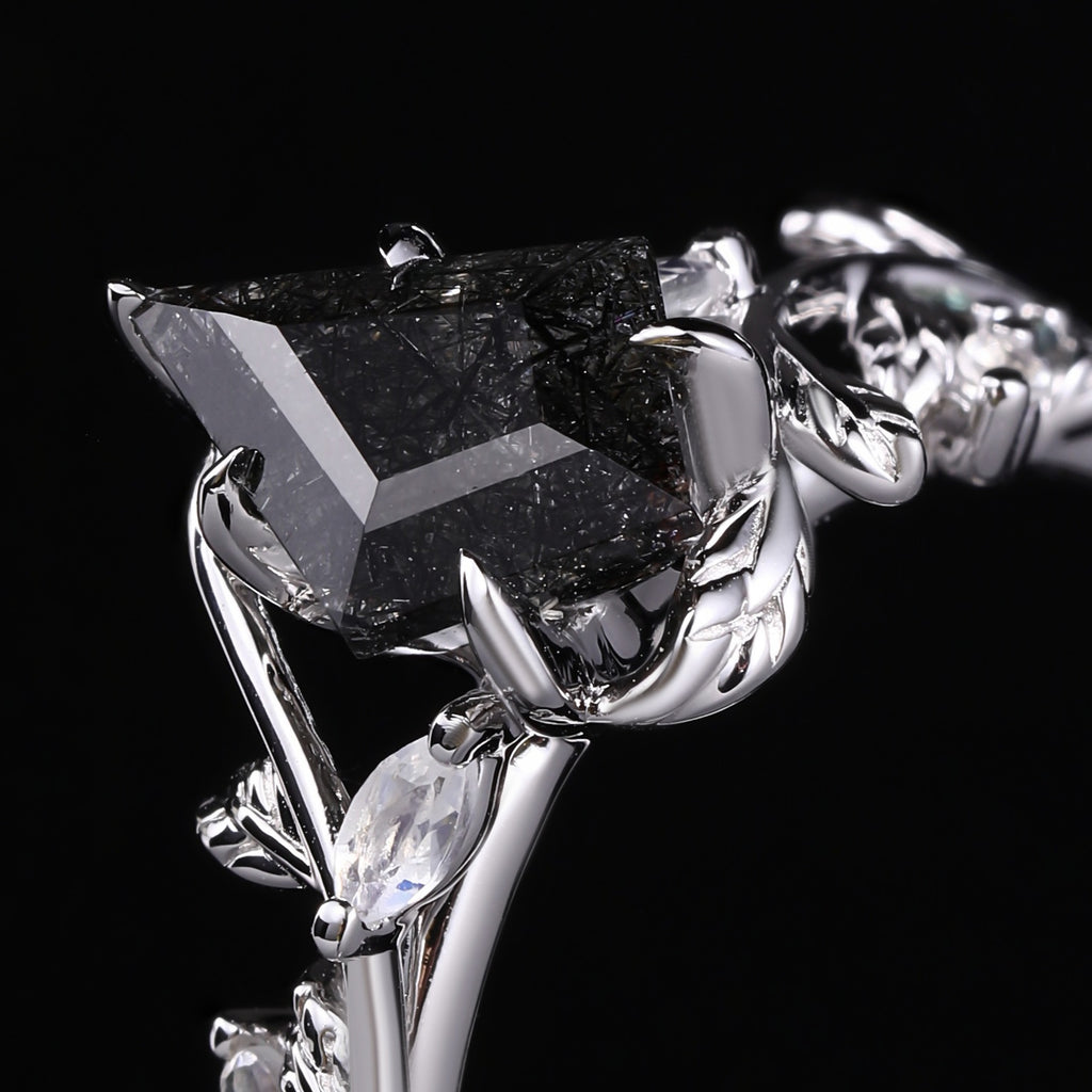 Kite Cut Black Rutilated Quartz Nature Inspired LeafLace Ring