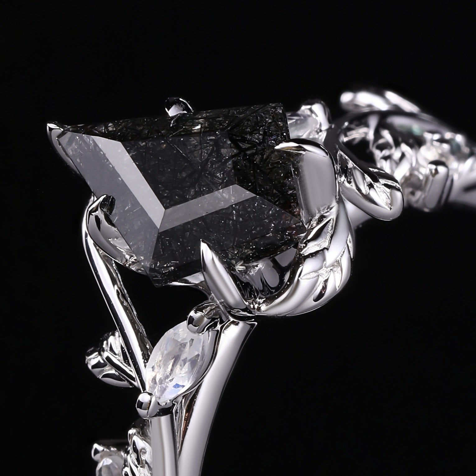 Kite Cut Black Rutilated Quartz Nature Inspired LeafLace Ring