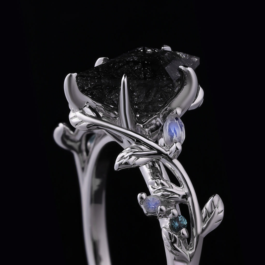 Kite Cut Black Rutilated Quartz Nature Inspired LeafLace Ring