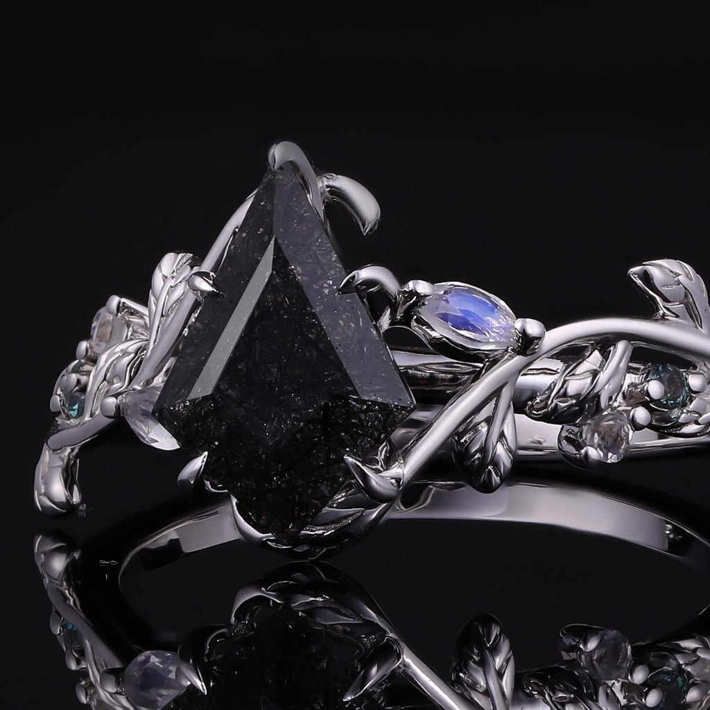 Kite Cut Black Rutilated Quartz Nature Inspired LeafLace Ring