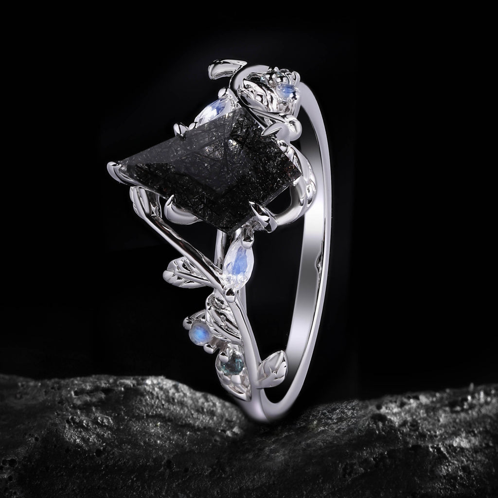 Kite Cut Black Rutilated Quartz Nature Inspired LeafLace Ring