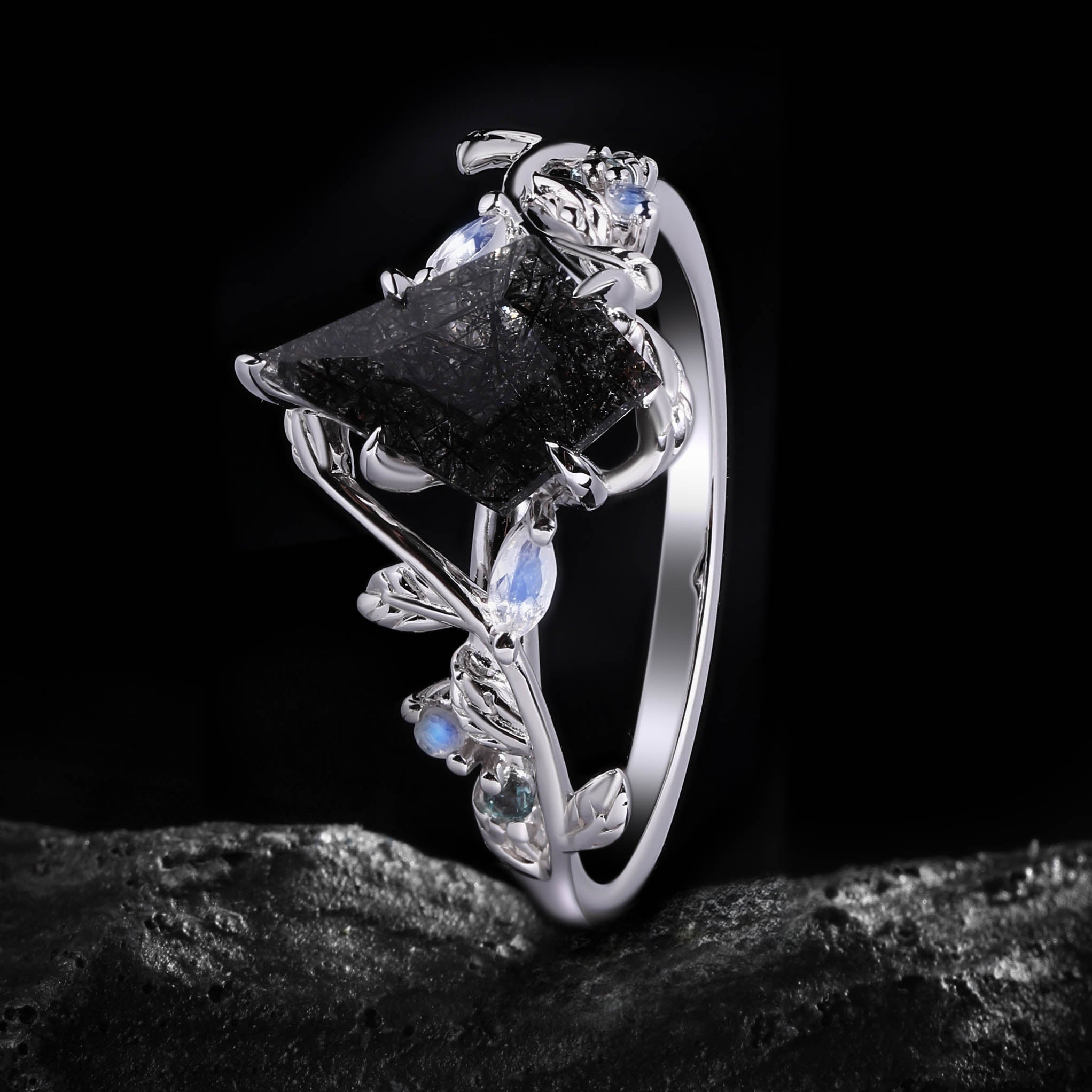 Kite Cut Black Rutilated Quartz Nature Inspired LeafLace Ring