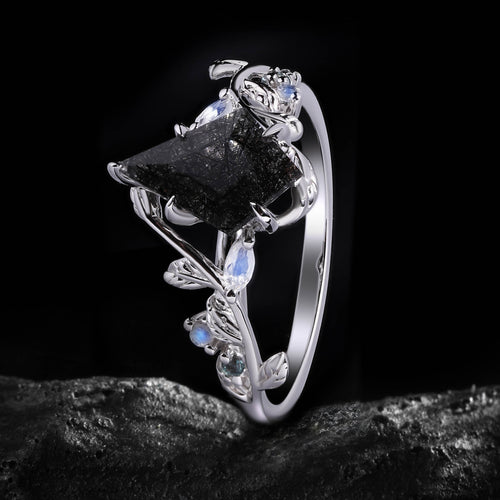 Kite Cut Black Rutilated Quartz Nature Inspired LeafLace Ring