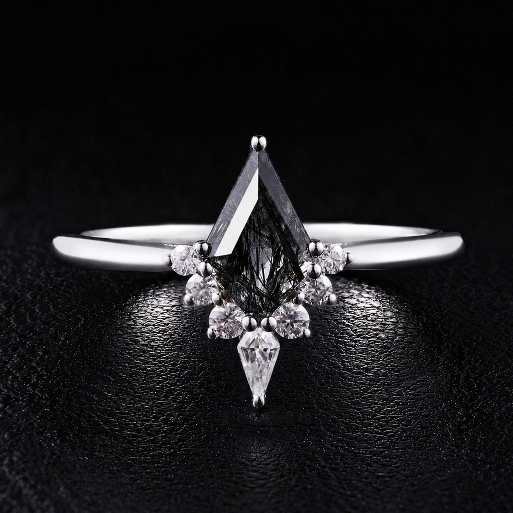 Kite Cut Black Rutilated Quartz Tiara Half Halo Ring Mystic Crystal Gothic Ring