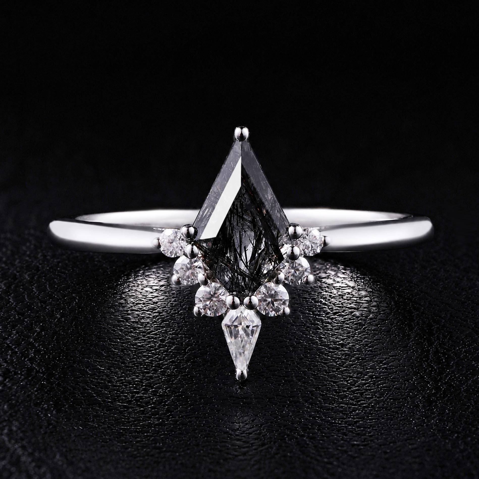 Kite Cut Black Rutilated Quartz Tiara Half Halo Ring Mystic Crystal Gothic Ring