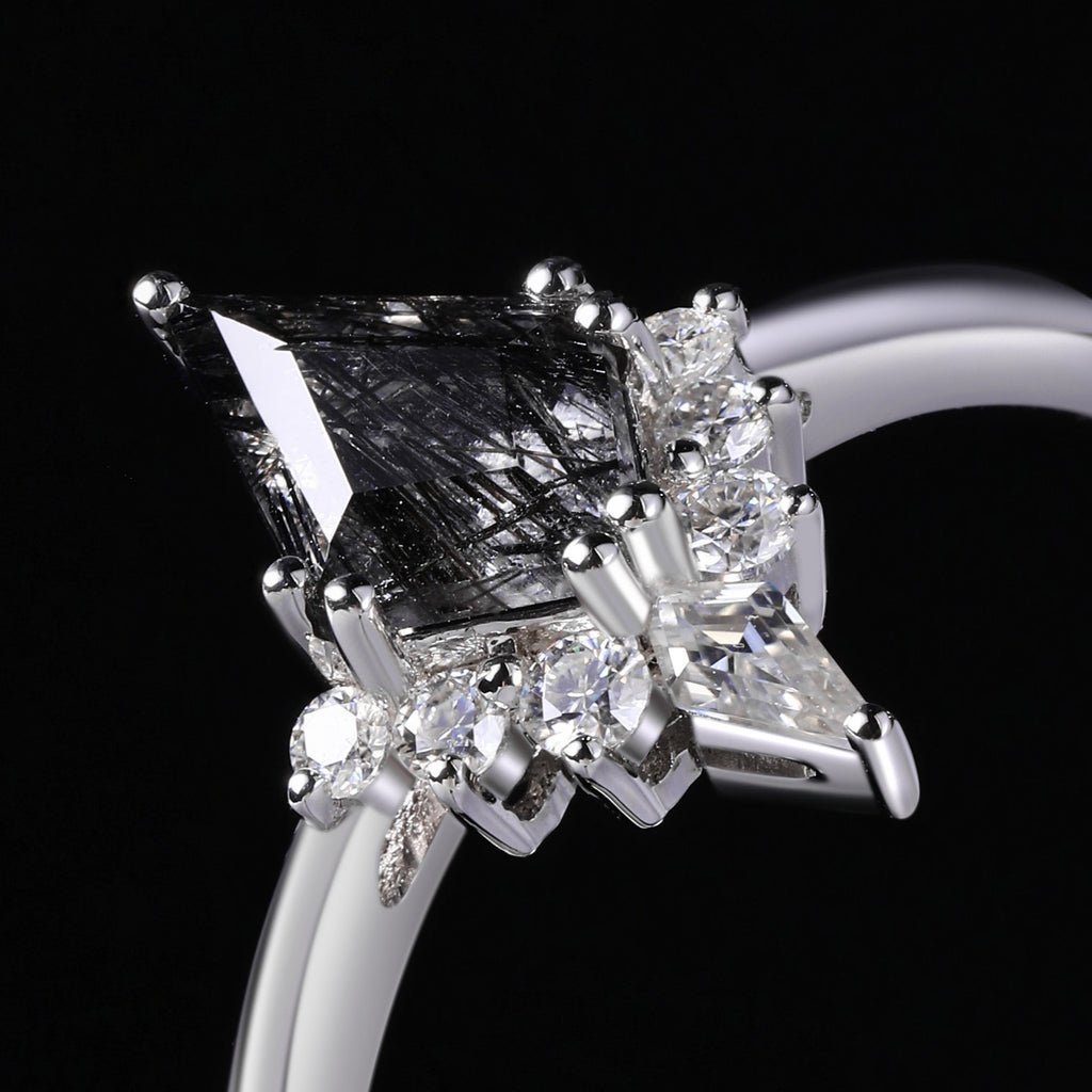 Kite Cut Black Rutilated Quartz Tiara Half Halo Ring Mystic Crystal Gothic Ring